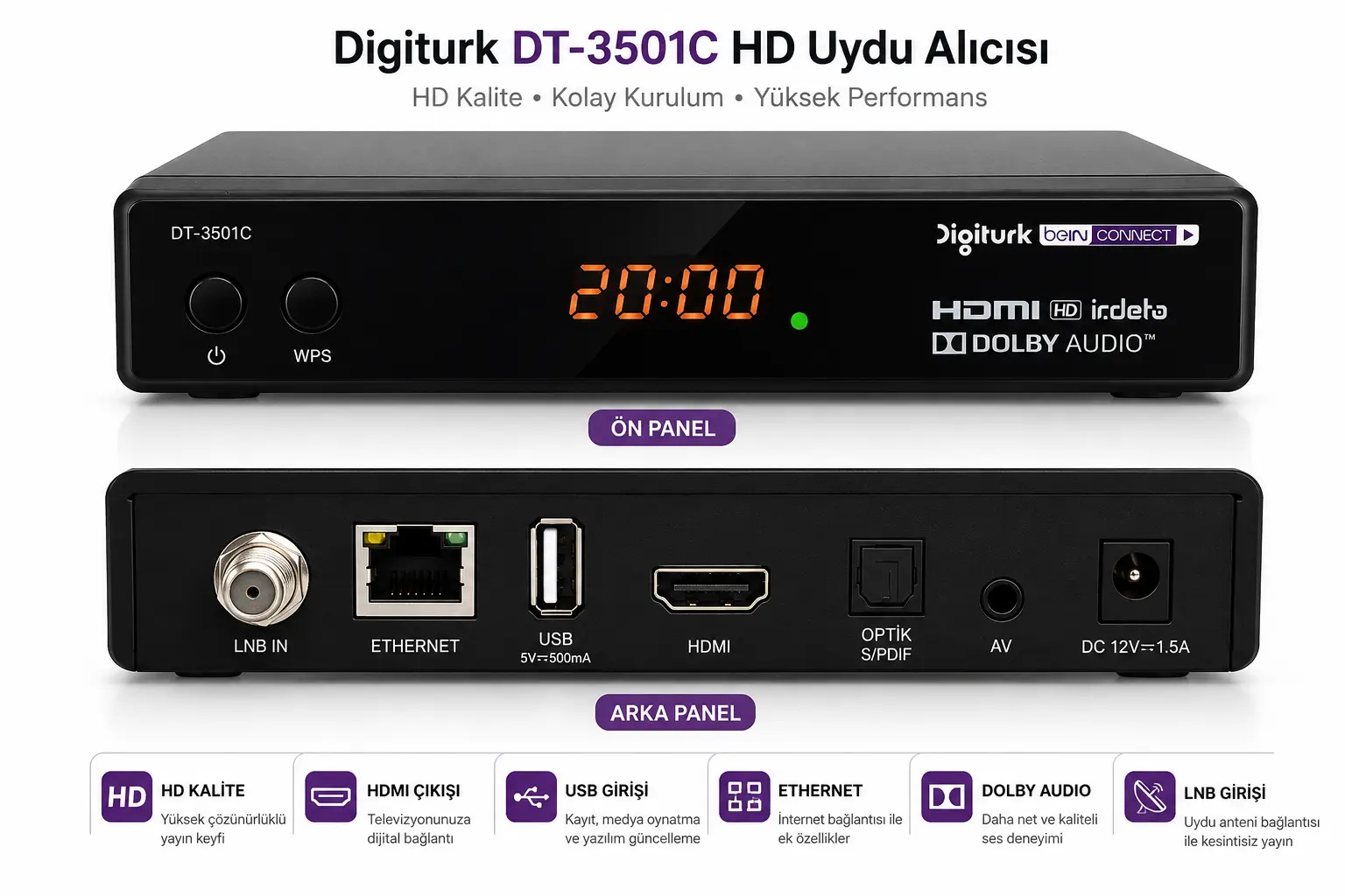 Digiturk DT-3501C Kartsız Kutu Digiturk DT-3501C kartsız kutu özellikleri, 4K UHD yayın desteği, Wi-Fi bağlantısı, Ethernet portu ve kurulum ayarları rehberi