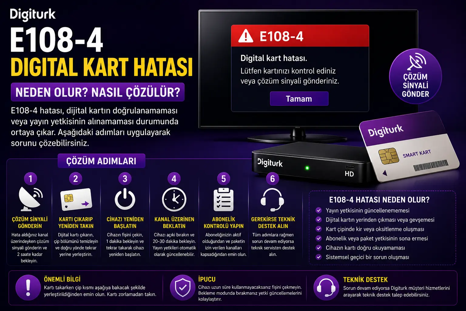 Digiturk E108-4 digital kart hatası çözüm rehberi