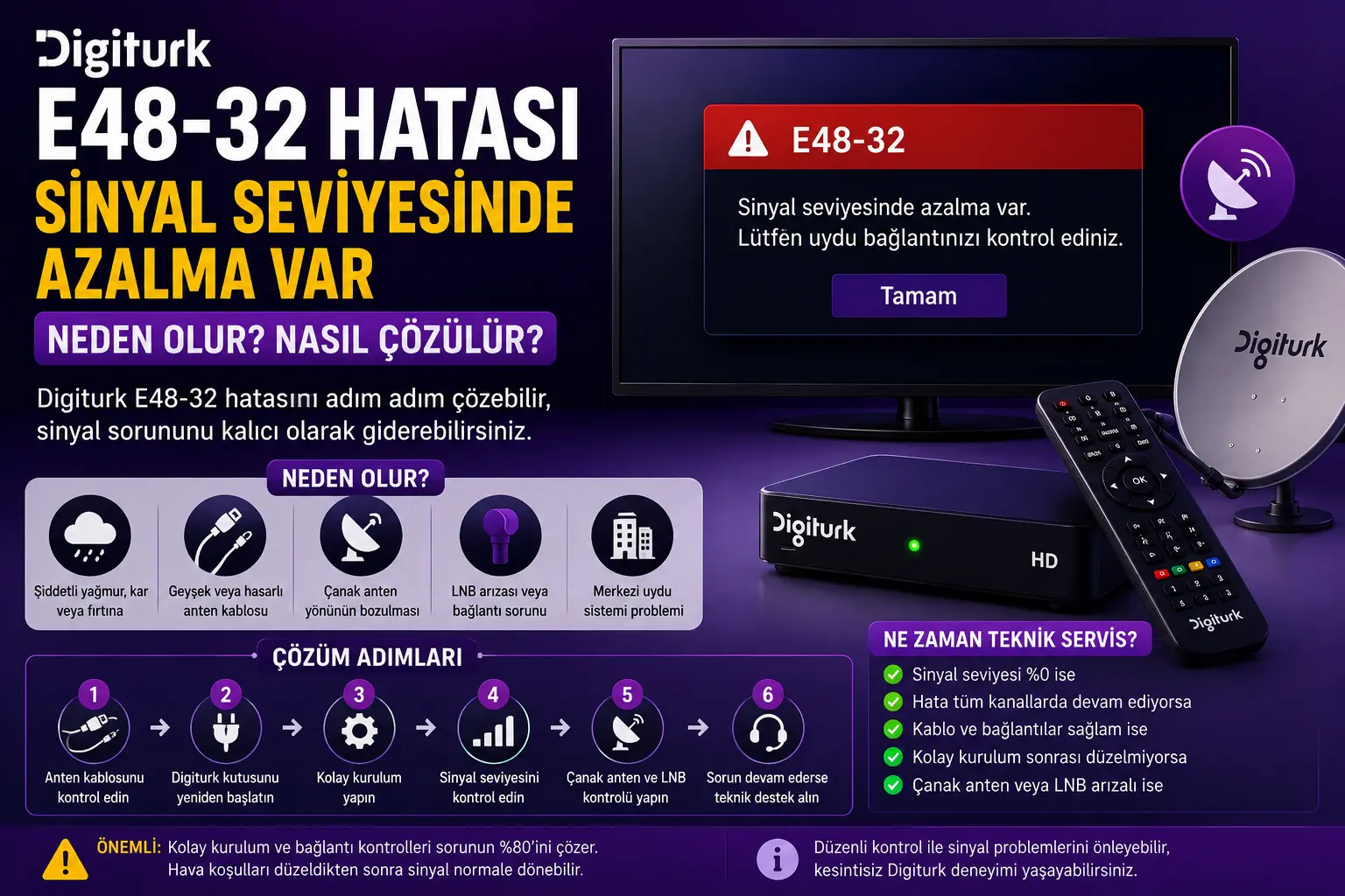 Digiturk E48-32 Hatası Nasıl Çözülür? Digiturk E48-32 sinyal seviyesinde azalma var hatası çözüm rehberi