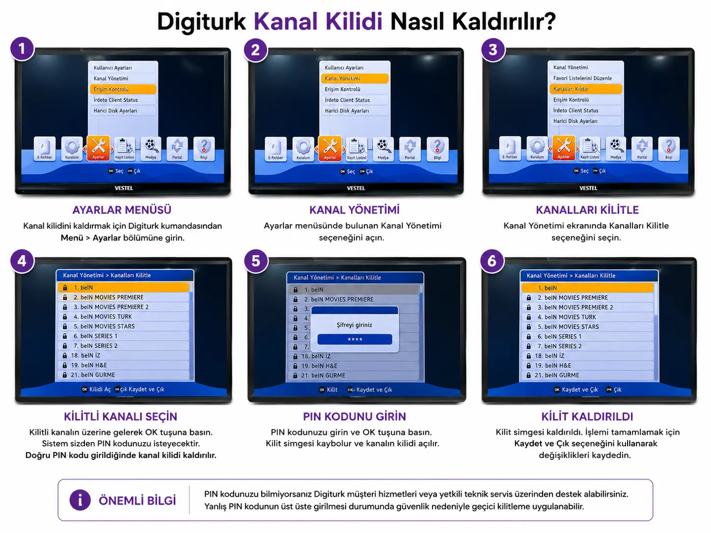 Digiturk Erişim Kontrolü menüsü, PIN kodu değiştirme, kanal kilidi açma, ebeveyn kontrolü ve TV izleme limiti ayarları