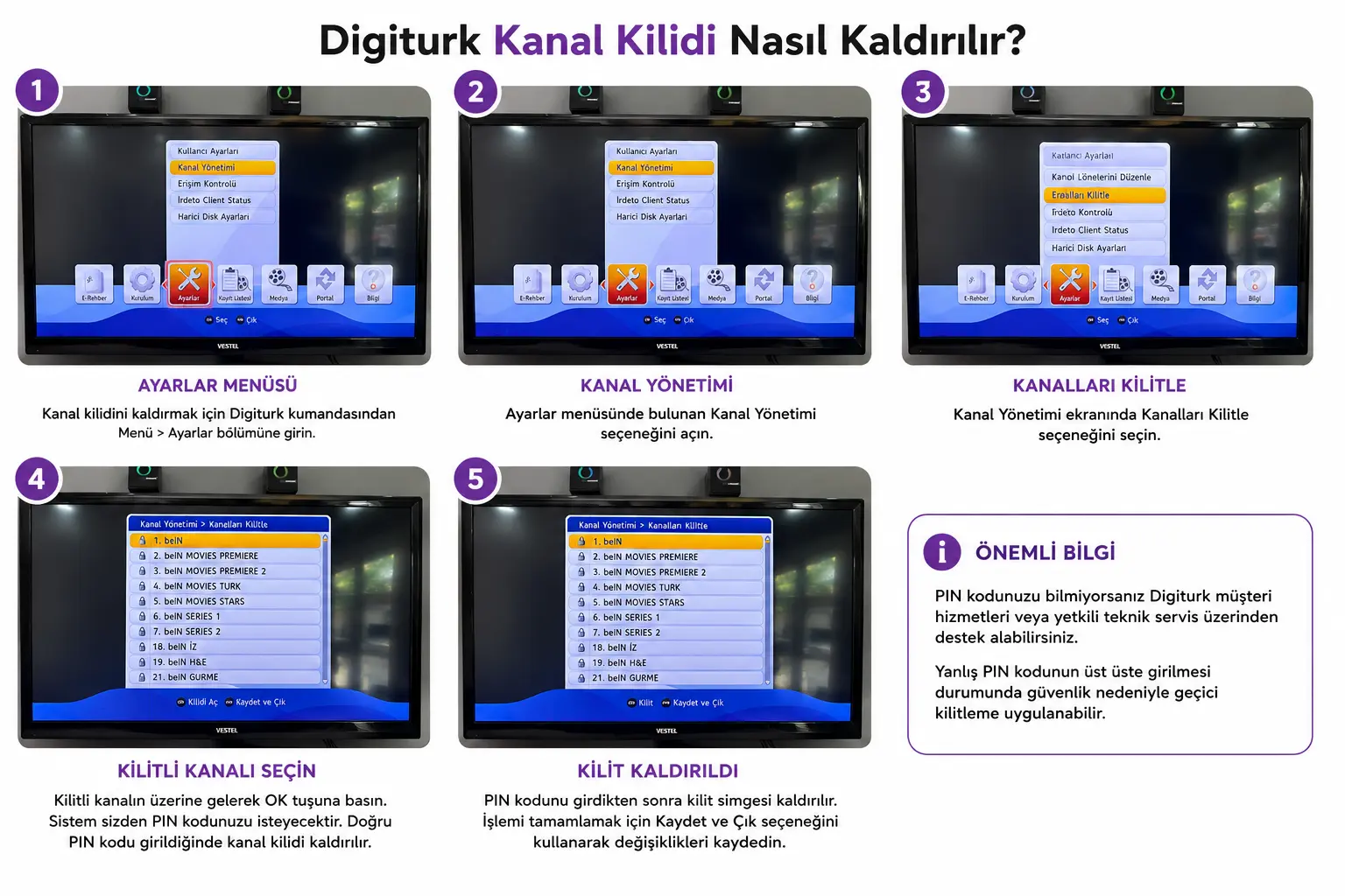 Digiturk kanal kilidi kaldırma, Ayarlar menüsünden Kanal Yönetimi ve Kanalları Kilitle ekranı üzerinden PIN kodu ile kilit açma adımları