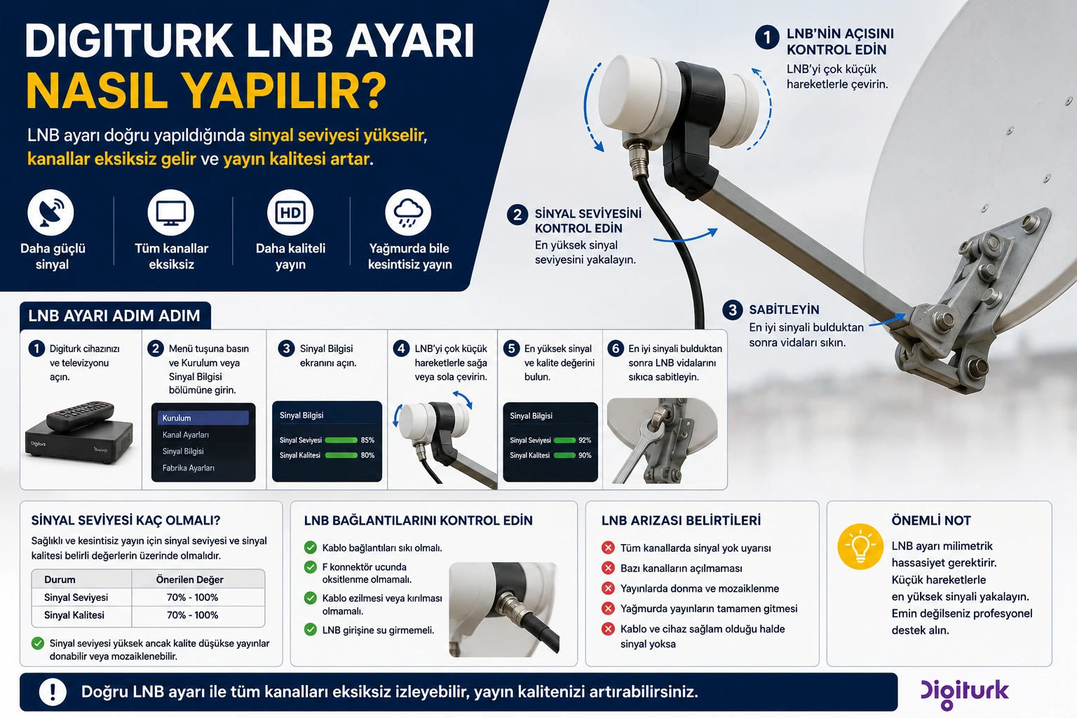 Digiturk LNB Ayarı Digiturk LNB ayarı, sinyal seviyesi yükseltme, çanak anten bağlantısı, düşük sinyal ve kanal bulunamıyor hatası çözümü