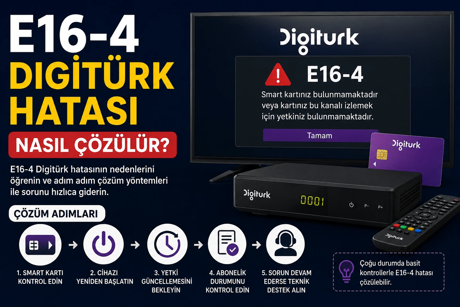 E16-4 Digitürk hatası çözüm adımları ve smart kart kontrolü